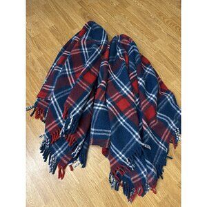 Pair of Wool Blend Red White Blue Tartan Throw Blankets Fringes Stadium Set of 2